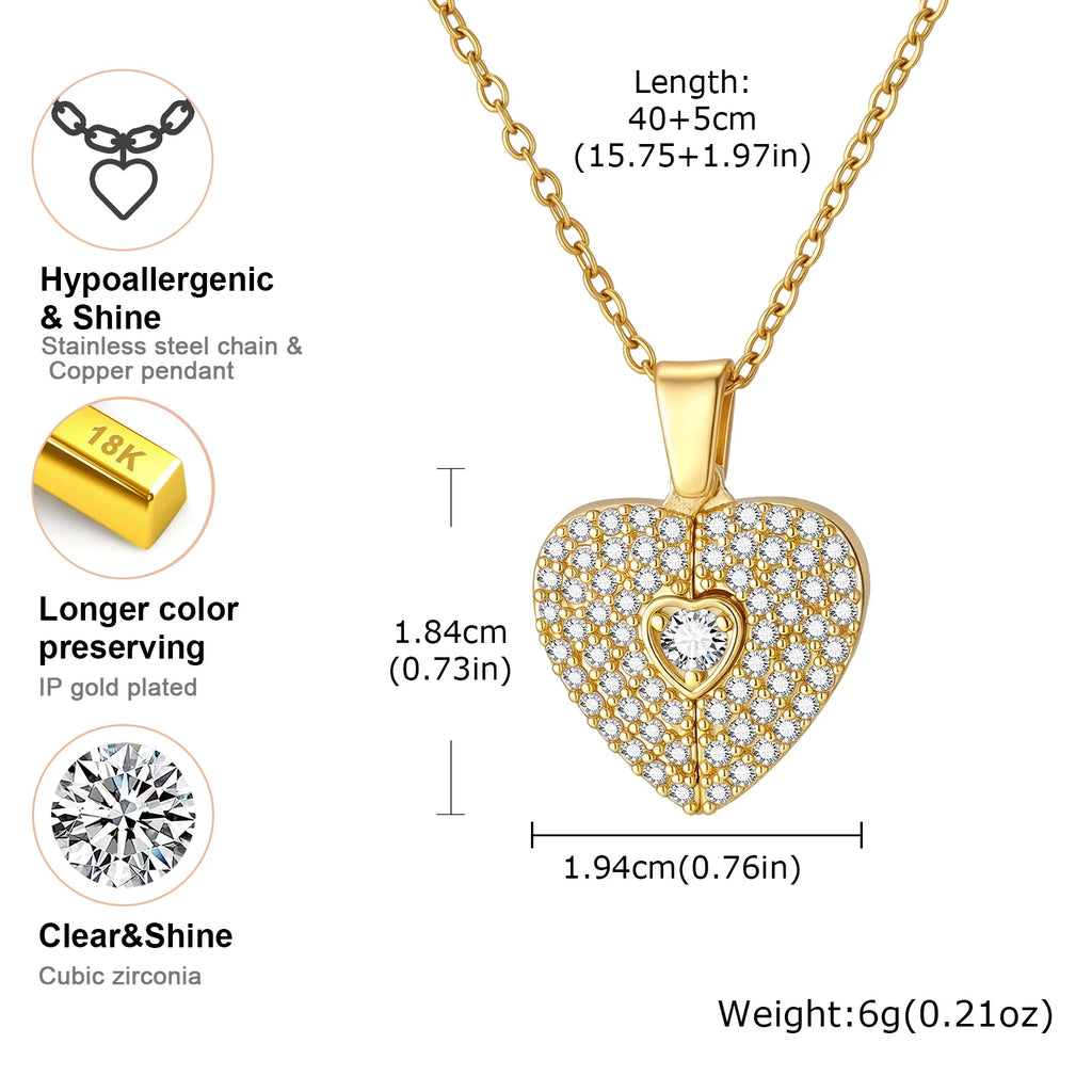 Custom Photo Openable Heart Locket Pendant Necklace, Stainless Steel Full Zircon Necklace, Personalized Memory Jewelry for Women